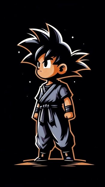  Kid Goku standing against a black background. Goku with spiky black hair and golden accents