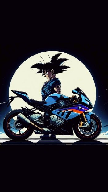  Goku standing near a BMW S1000RR in front of a moon , blue black background