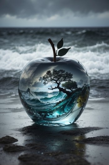 Artistic phone wallpaper for iPhones and Androids featuring a transparent apple-shaped object with a tree and ocean waves inside, set against a moody seaside backdrop.