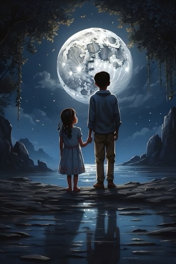  Brother And Sister In front of moon Phone Wallpaper