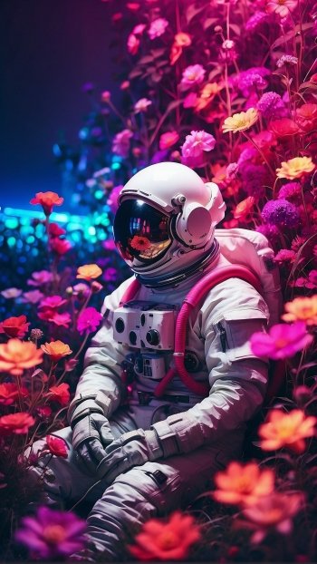 Anime-style artwork of an astronaut surrounded by vibrant pink, purple, and orange flowers, designed as a striking phone wallpaper for iPhones and Android devices.
