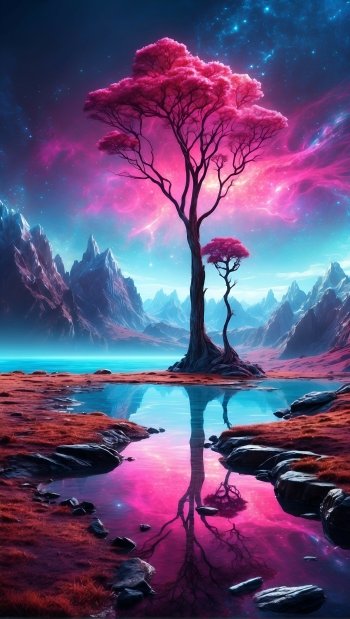 Anime art phone wallpaper depicting glowing pink trees by a reflective water body with surreal mountains and a starry sky, designed for both iPhone and Android displays.