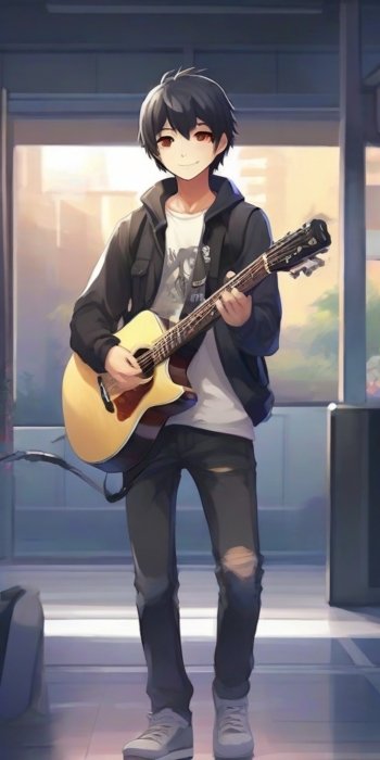 Anime art wallpaper of a boy with black hair playing an acoustic guitar indoors, designed to fit iPhone and Android phone screens.