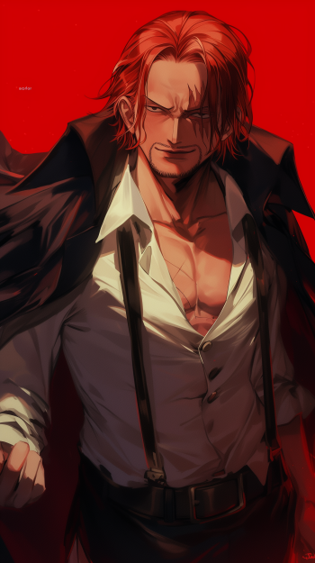 Anime phone wallpaper featuring Shanks from One Piece, depicted with a confident expression against a red background, wearing a white shirt and black coat.