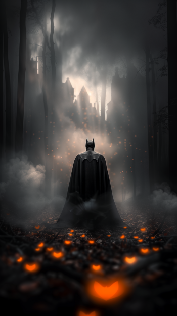 Batman stands in a dark, foggy forest with glowing pumpkins scattered around, the silhouette of a gothic castle visible in the distance. This image is designed as a phone wallpaper.