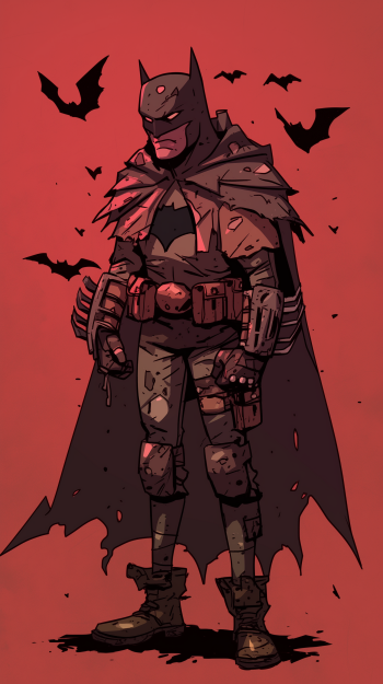 A detailed comic illustration of Batman standing in costume against a red background with flying bats, designed as a phone wallpaper.