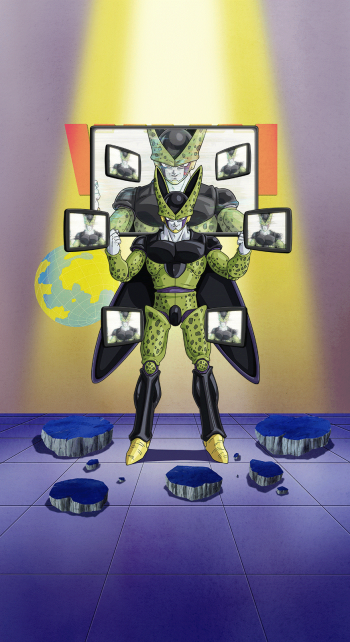 A dynamic phone wallpaper featuring Cell from Dragon Ball Z, showcasing his powerful stance among shattered floor tiles and screens, capturing the essence of Dragon Ball Z Dokkan Battle.