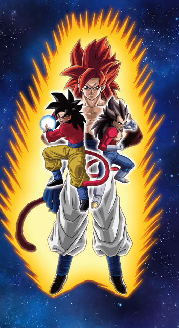 A vibrant phone wallpaper featuring Gogeta from Dragon Ball GT in his Super Saiyan 4 form, inspired by the popular game Dragon Ball Z Dokkan Battle.