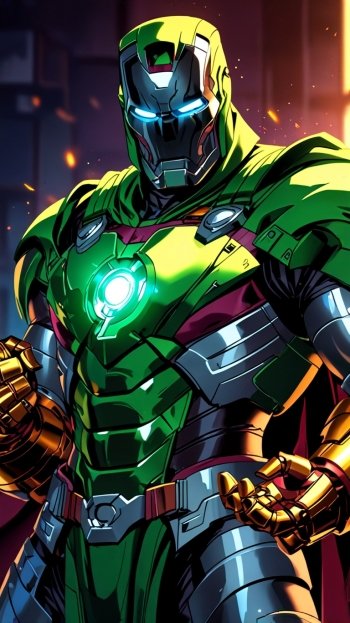 Phone wallpaper image of Doctor Doom in futuristic armor with glowing blue eyes and arc reactor, inspired by Robert Downey Jr., designed for iPhone and Android screens.