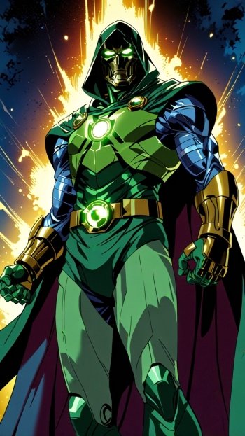 Phone wallpaper of Doctor Doom, glowing with power, inspired by Robert Downey Jr.'s dynamic presence, rendered in vibrant comic book style for iPhones and Android devices.