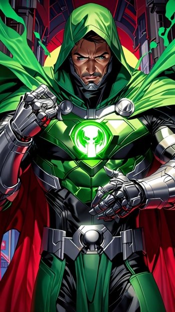 Phone wallpaper of Doctor Doom, featuring Robert Downey Jr. in the iconic green cloak and armor with glowing green chest emblem, designed for iPhone and Android displays.