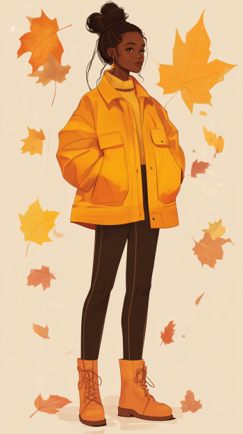 A stylish woman showcases fall fashion, captured in a vibrant phone wallpaper design that enhances your device with seasonal elegance.