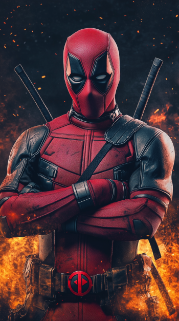 A dynamic phone wallpaper featuring Deadpool, the iconic anti-hero, standing confidently with crossed arms against a fiery background, showcasing his distinctive red and black suit.