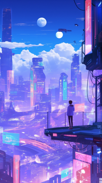 A futuristic cyberpunk cityscape at twilight, featuring vibrant neon lights, towering skyscrapers, and a figure standing on a ledge, gazing at the surreal skyline and two moons above.