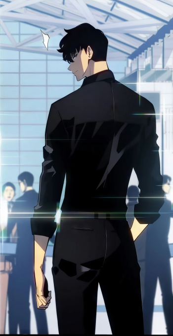Sung Jin-Woo from Solo Leveling stands confidently in a sleek black outfit, looking back amidst a blurred crowd, captured in an eye-catching phone wallpaper design.
