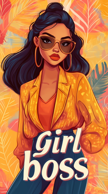 A stylish woman with long dark hair and sunglasses poses confidently in a vibrant orange blazer, surrounded by tropical leaves, embodying the Girl boss spirit.
