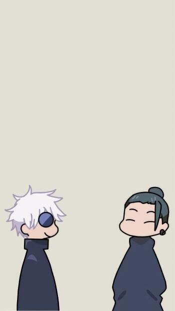 Minimalist phone wallpaper featuring chibi-style Satoru Gojo and Suguru Geto from Jujutsu Kaisen against a plain background, designed for iPhone and Android screens.