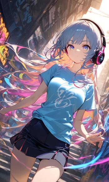 Vibrant anime girl with flowing hair, wearing headphones and casual clothes, set against a colorful urban backdrop inspired by Japan, designed as a dynamic phone wallpaper.