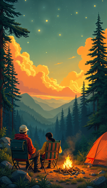 A serene camping trip scene featuring two figures relaxing by a fire, surrounded by tall trees and mountains, under a starry sky. This colorful image serves as a vibrant phone wallpaper.
