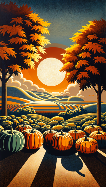 A vibrant pumpkin patch scene featuring various pumpkins under a glowing sunset, framed by colorful trees and rolling hills, makes a captivating phone wallpaper.