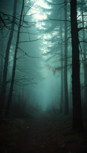 A spooky forest shrouded in mist, with tall trees lining a narrow path, creates an eerie and atmospheric phone wallpaper that invites exploration.