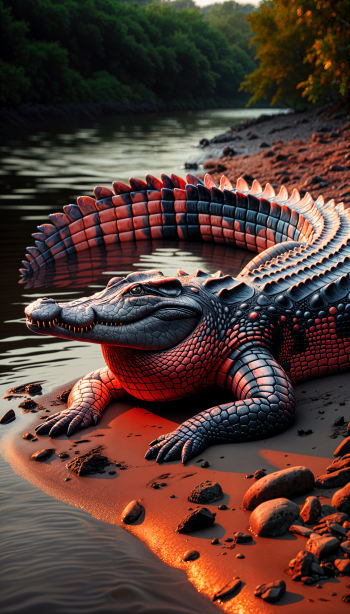 A striking crocodile lounges by the water's edge, showcasing vibrant colors and intricate textures, making a captivating phone wallpaper.