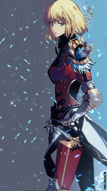 A striking phone wallpaper featuring Cha Hae-in from the anime Solo Leveling, showcasing her fierce expression and dynamic armor against a backdrop of falling blue petals.
