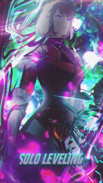 Anime wallpaper featuring Cha Hae-in from Solo Leveling, surrounded by vibrant colors and dynamic effects, showcasing her strong presence and character.