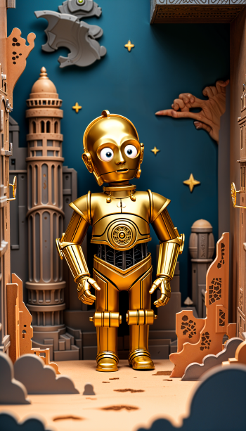 A vibrant phone wallpaper featuring a stylized C-3PO figure set against a whimsical backdrop of towers and stars, capturing a blend of sci-fi charm and artistic design.