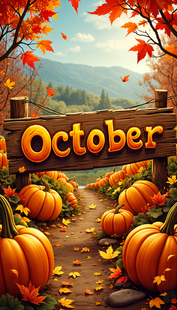 A vibrant phone wallpaper featuring a wooden sign reading October, surrounded by pumpkins and autumn leaves, set against a scenic backdrop of mountains and a clear sky.