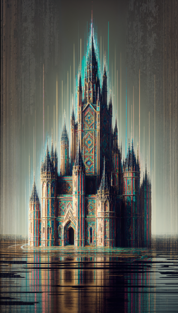 A stunning wizard tower rises majestically, adorned with intricate patterns and vibrant colors, reflected in tranquil waters—an enchanting phone wallpaper.