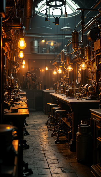 A dimly lit steampunk workshop filled with brass gadgets, glowing light bulbs, and wooden tables, creating a vintage, industrial atmosphere for an engaging phone wallpaper.