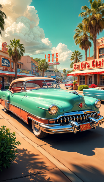 A vintage turquoise car parked in a vibrant retro street scene, lined with palm trees and classic diners, set against a bright blue sky with fluffy clouds.
