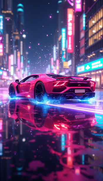 A sleek pink sports car speeds through a vibrant, neon-lit city at night, reflections shimmering on wet pavement, capturing a thrilling and dynamic urban scene.