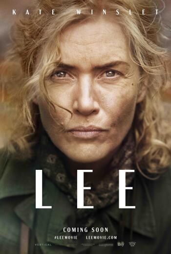 A dramatic movie wallpaper featuring Kate Winslet as a fierce character in Lee (2023), showcasing her intense expression and the film's title prominently displayed.