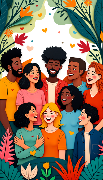 A vibrant illustration of friends laughing and enjoying each other's company, surrounded by colorful plants and hearts, making a lively phone wallpaper that celebrates friendship.