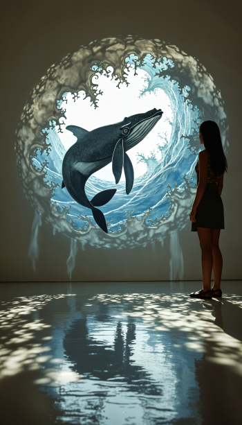 A captivating whale illustration emerges from a swirling wave, with a person gazing at the artwork, creating a serene wallpaper scene.