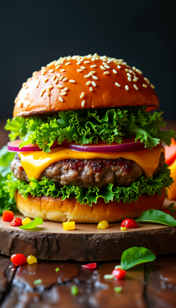 A mouthwatering hamburger stacked with cheese, lettuce, and onions, set against a dark background. This vibrant image makes a delightful phone wallpaper.
