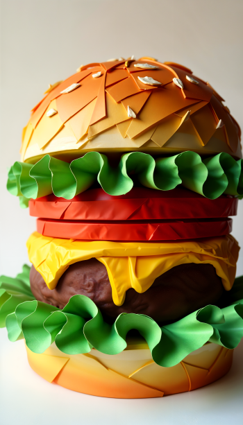 A colorful, layered paper hamburger featuring lettuce, cheese, and tomatoes, designed as a whimsical phone wallpaper.