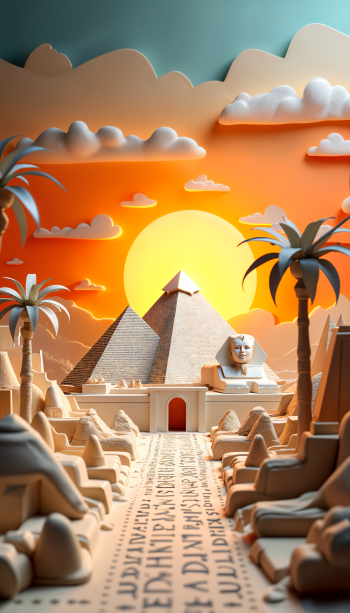 A vibrant phone wallpaper featuring a stylized Egyptian landscape with pyramids, a sphinx, palm trees, and a dramatic sunset backdrop, offering an artistic interpretation of ancient Egypt.