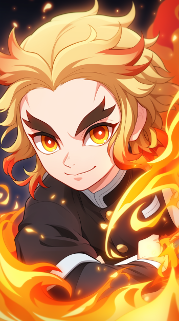 Anime-inspired phone wallpaper featuring Kyojuro Rengoku from Demon Slayer: Kimetsu no Yaiba, showcasing vibrant flames and a determined expression.
