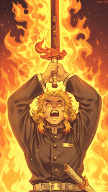 Kyojuro Rengoku from *Demon Slayer: Kimetsu no Yaiba* stands triumphantly, holding a flaming sword aloft amidst blazing flames, showcasing his fierce spirit and determination.
