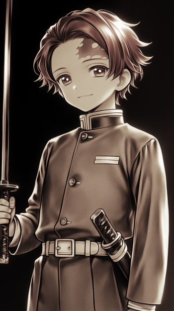 A monochrome wallpaper featuring Tanjiro Kamado from Demon Slayer: Kimetsu no Yaiba, smiling confidently while holding a sword, capturing his courageous spirit.