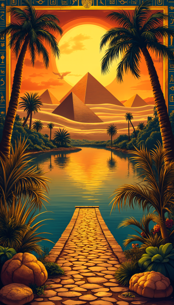 A vibrant phone wallpaper featuring the Egyptian pyramids at sunset, framed by lush palm trees and a serene river reflecting the warm tones of the sky.