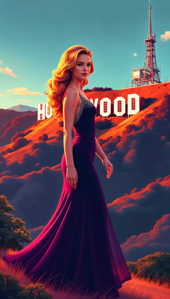 A glamorous woman in a purple gown stands against a vibrant Hollywood backdrop, featuring the iconic sign and hills, creating an eye-catching phone wallpaper.