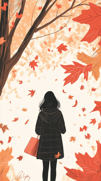 A person stands with their back to the viewer, surrounded by falling autumn leaves in warm hues. The scene captures the essence of fall weather, making it a charming phone wallpaper.