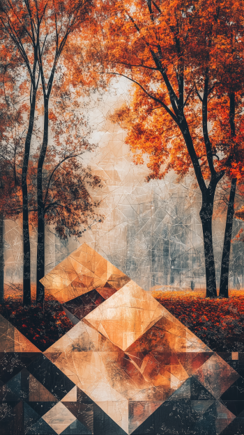A captivating phone wallpaper featuring a misty fall landscape with vibrant orange and red foliage, complemented by geometric shapes in the foreground, evoking the essence of autumn weather.