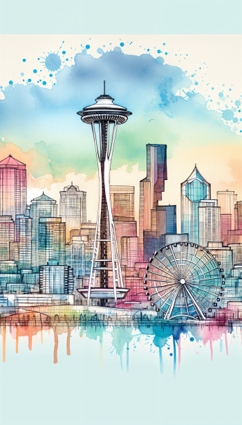 A vibrant watercolor illustration of Seattle's skyline featuring the Space Needle and a Ferris wheel, designed as a stylish phone wallpaper.