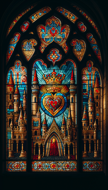 stained glass window heart motif castle crown Phone Wallpaper