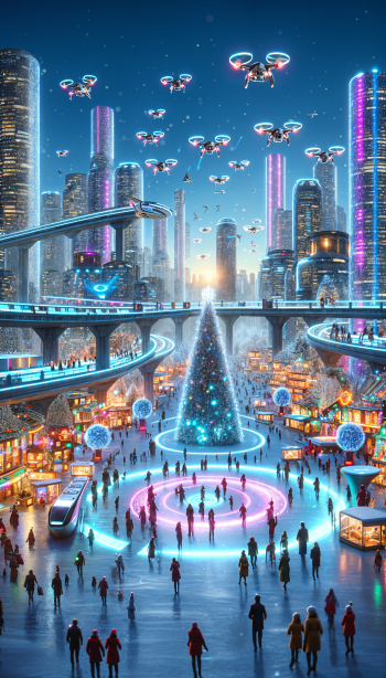 A vibrant futuristic cityscape featuring festive lights, a towering Christmas tree, and drones above, bustling with people and lively market stalls beneath glowing skyscrapers.